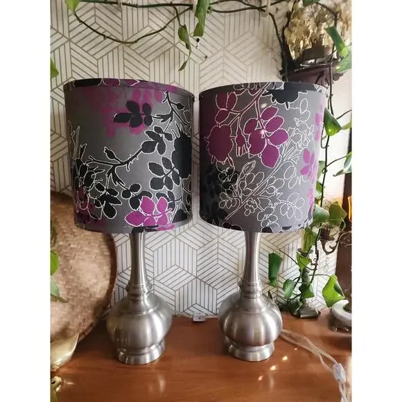 Vintage Early 2000s Brushed Chrome Lamps With Black And Purple Floral Shades - Picture 3 of 11